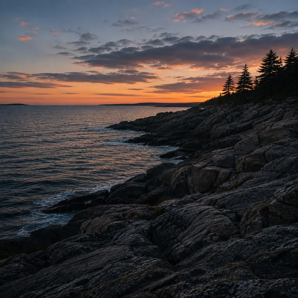 A rocky Atlantic coastline at dusk