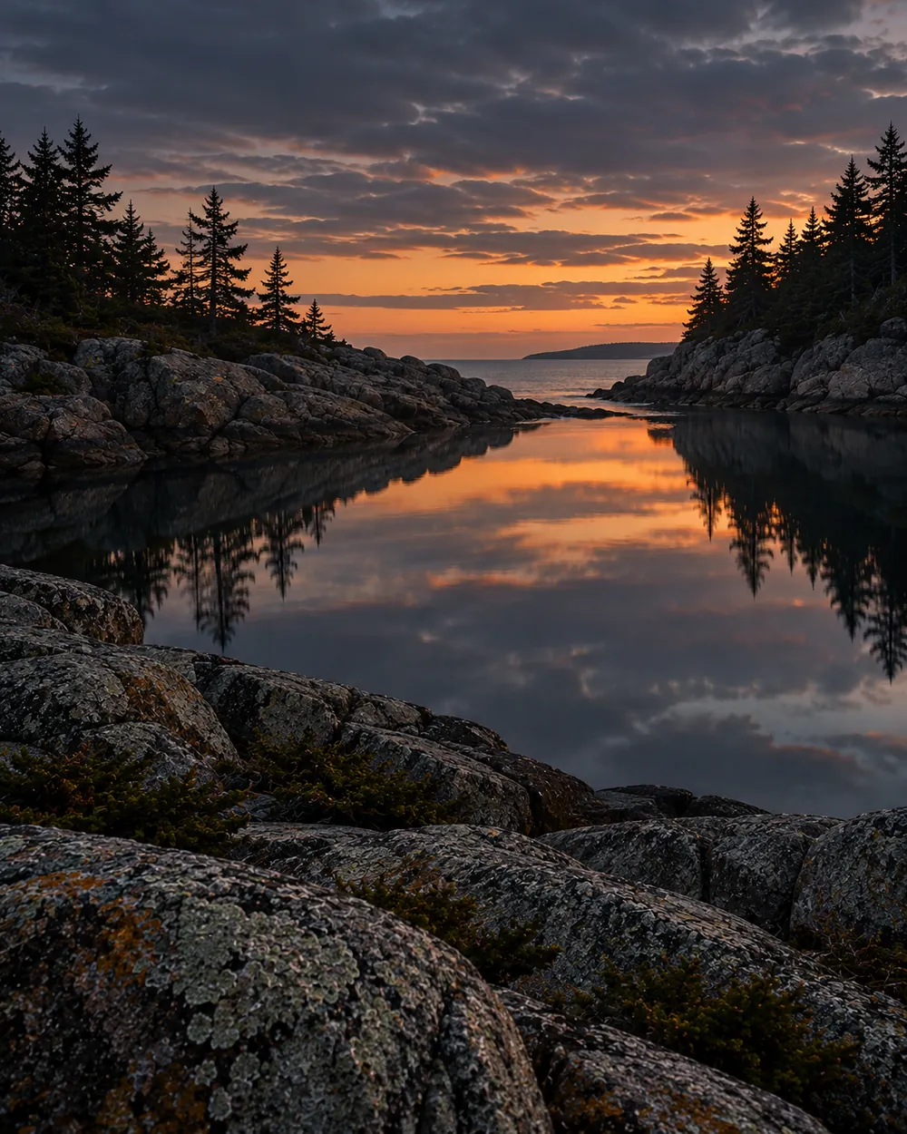 A sheltered cove with still water at dusk