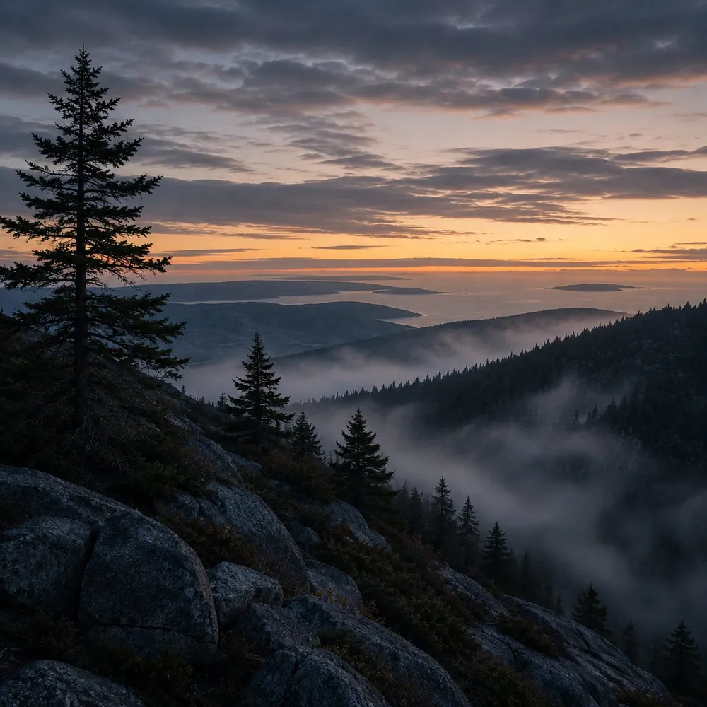 A granite ridge and pine above a valley of mist at dawn, Acadia, Maine