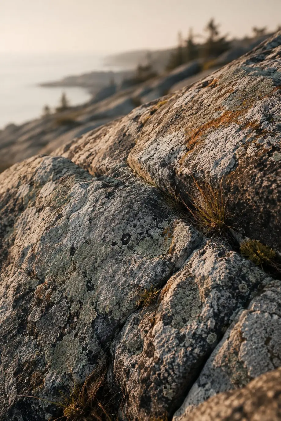 Weathered granite and lichen in warm light