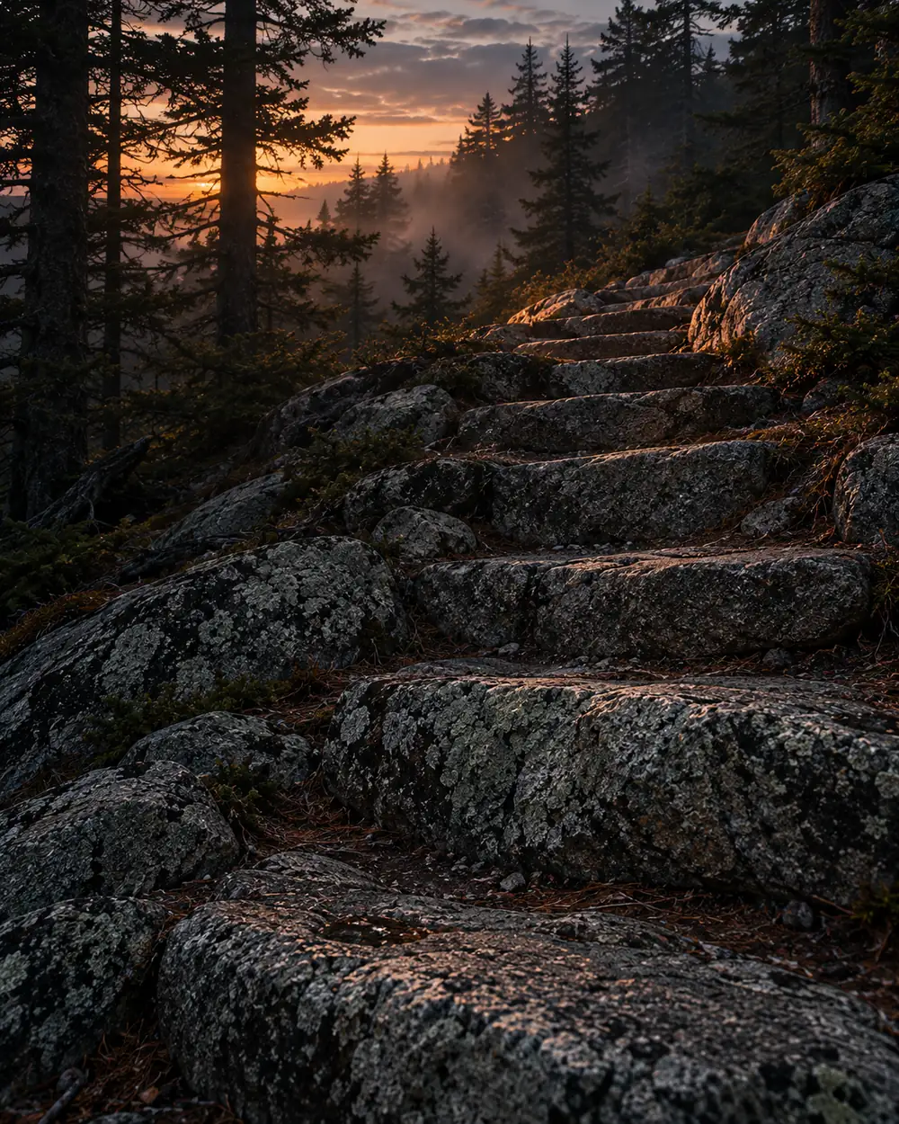 Granite steps climbing a trail through pine at dusk